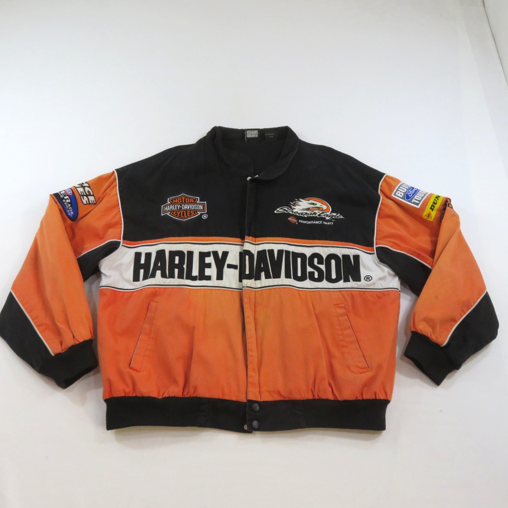 Harley Davidson Black Orange Screaming Eagle Motorcycle Racing Jacket XL Cotton